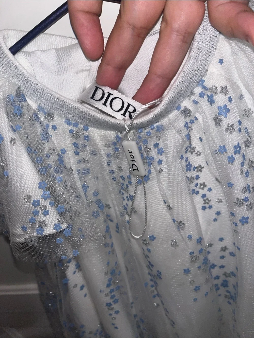Dior girls White Mesh flowy Dress with Blue,Silver and glittery Floral details